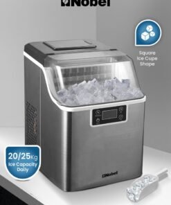 Nobel Ice Cube Maker, 3.2L Water Tank, 20-25 kg Daily Ice Capacity, Rapid 24 Ice Cubes in 15-20 Mins, Touch Button LCD Display, Infrared Sensor, Ice Full Indicator, Flip-up Door, Premium Stainless Steel 25 kg 100 W NIM27 Grey