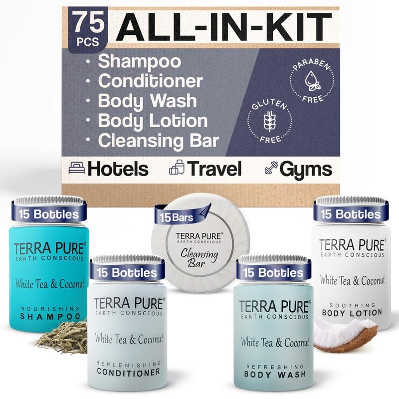 Terra Pure White Tea Coconut Toiletries Set 1Shoppe Amenities Kit 1oz Liquids 125oz Bar Soap Hotels Airbnb Rentals 75 Pieces