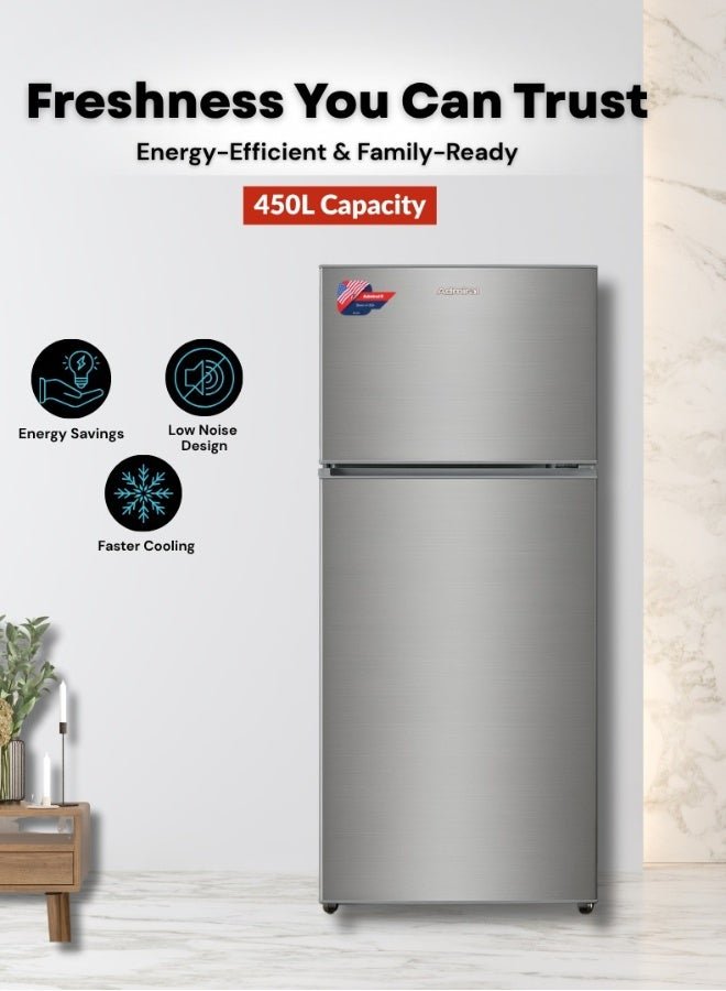Admiral ADTM45HSP Double Door Top Mount Refrigerator – 450L Gross Capacity, Stainless Steel Finish, Frost-Free Cooling, Adjustable Shelves, Humidity-Control Crisper, Energy Efficient Compressor, Low Noise Operation – Ideal for Large Families – Silver ADTM45HSP Silver