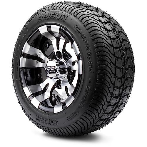 Golf Cart King MODZ® Vampire Machined Black 10" Golf Cart Wheels and Arisun Cruze (205/50-10) DOT Low Profile Golf Cart Tires Combo - Set of 4