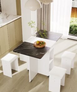 Zeno Extendable folding dining table, multifunctional mobile kitchen table, folding kitchen table with two-layer shelf, 6 wheels, including 4 stools