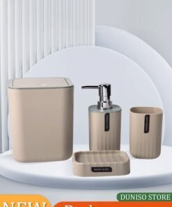DUNISO 4 pieces of Bathroom accessories set, Home Bath Supplies set, plastic wave pattern toiletries set, with lotion bottle, desktop trash can, mouthwash cup, soap tray (beige)