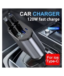 Raxoom Car Charger - Fast Charging 4-in-1 Adapter with Collapsible Lightning & Type C Cables, Dual USB Ports & Voltage Display - Compatible with iPhone, iPad, Galaxy -Powerfull Output