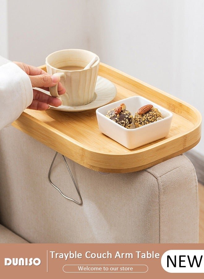 DUNISO Bamboo Trayble Couch Arm Table,Clip On Tray Sofa Table for Couches, Rectangle Wooden Tray,Multipurpose Trays for Breakfast, Coffee Table/Butler & More ,Light & Sturdy Wood Tray Foldable Armrest Tray Table for Eating and Drink