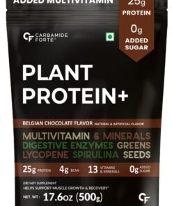 Carbamide Forte Plant Protein Powder - Plant Based Protein Powder with Multivitamin, Minerals, Superfoods, Pea Protein, Digestive Enzymes | Plant Protein Powder - Belgian Chocolate Flavour - 500g