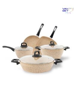 VAV Premium Granite 8-PCS Cookware Set. Set includes: 18cm Sauce Pan, 26cm Deep and Shallow Casseroles, 26cm Fry and 28cm Grill Pans with Lids. Made in Turkey.