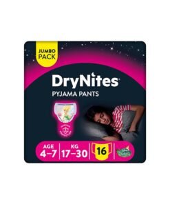 HUGGIES DryNites Pyjama Pants, 4-7 years, Bed Wetting Diaper, Girls, 17-30 kg, Value Pack, 16 Pants