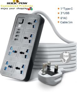Rock Pow 5 meters Universal Extension Lead with Multiple Function UK Plug 3 Pin Socket Outlet with 6 Gang 3 USB Port 1 Type-C Port 5M Electric Socket Mains Strip for Home Kitchen and Office 5 meters