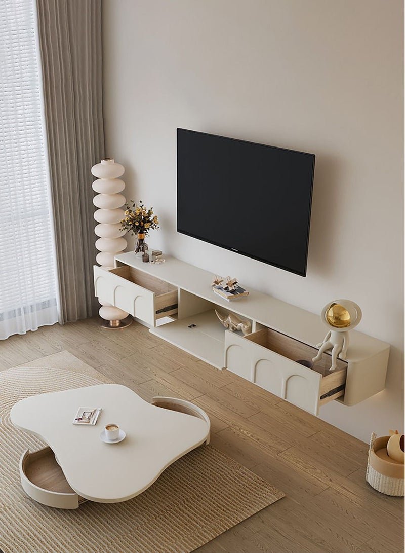 Merry Moments Cream Floating TV Stand Suspened TV Wall Mounted Media Console Entertainment Unit TV Contemporary Style TV Stand Luxury TV Unit TV Cabinet Fashionable Cream White Finish L200xH23xW25 cm - Image 2