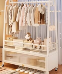 AIWANTO 3-Tier Clothes Rack with Dustproof Storage Cabinet – Sleek Movable Wardrobe Organizer with Lockable Wheels