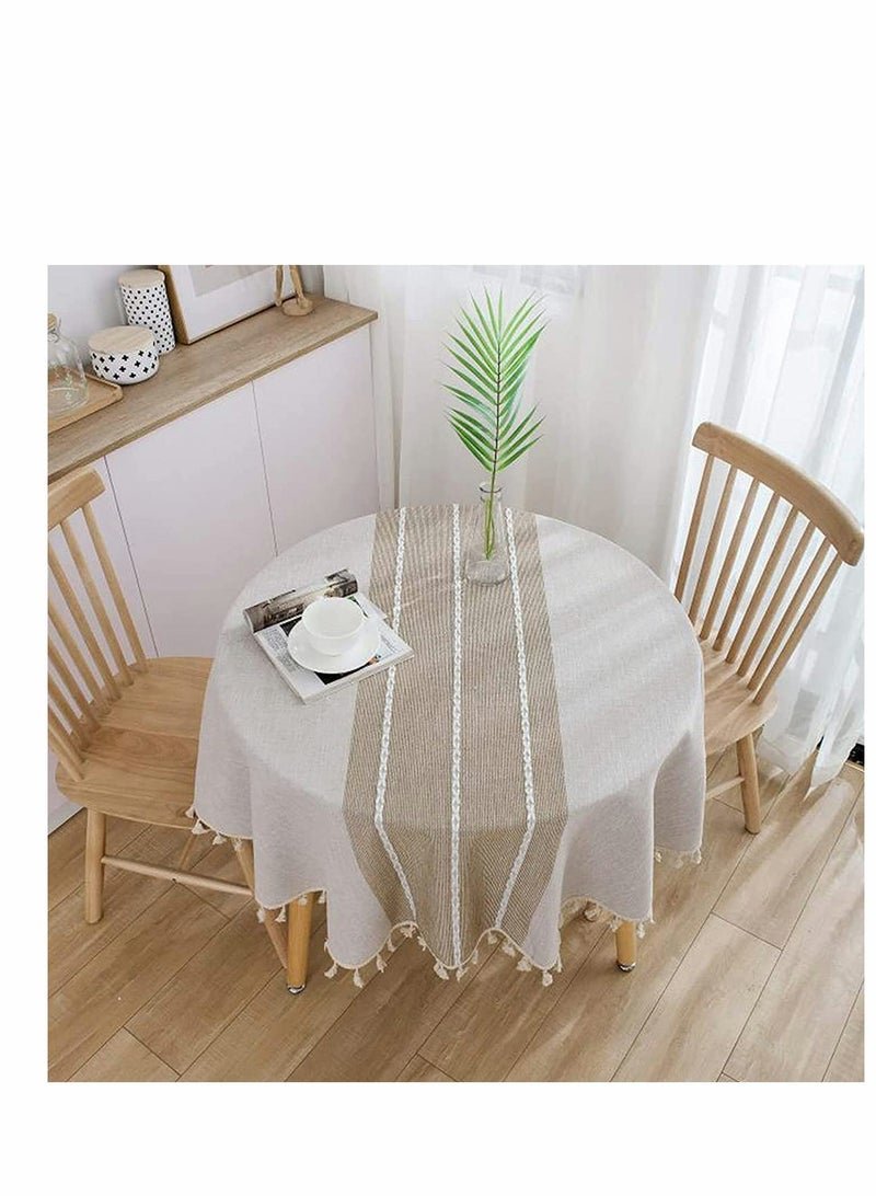 KASTWAVE Simplicity and Fashion Table Cloth Tassel Cotton Linen Table Cover for Kitchen Dinning Wrinkle Free Table Cloths (Coffee, 60 in Round)