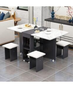 Extendable Folding Dining Table Set , Multifunctional Mobile Kitchen Table, Folding Kitchen Table with 2-Layer Shelf, 6 Wheels, With Four Benches