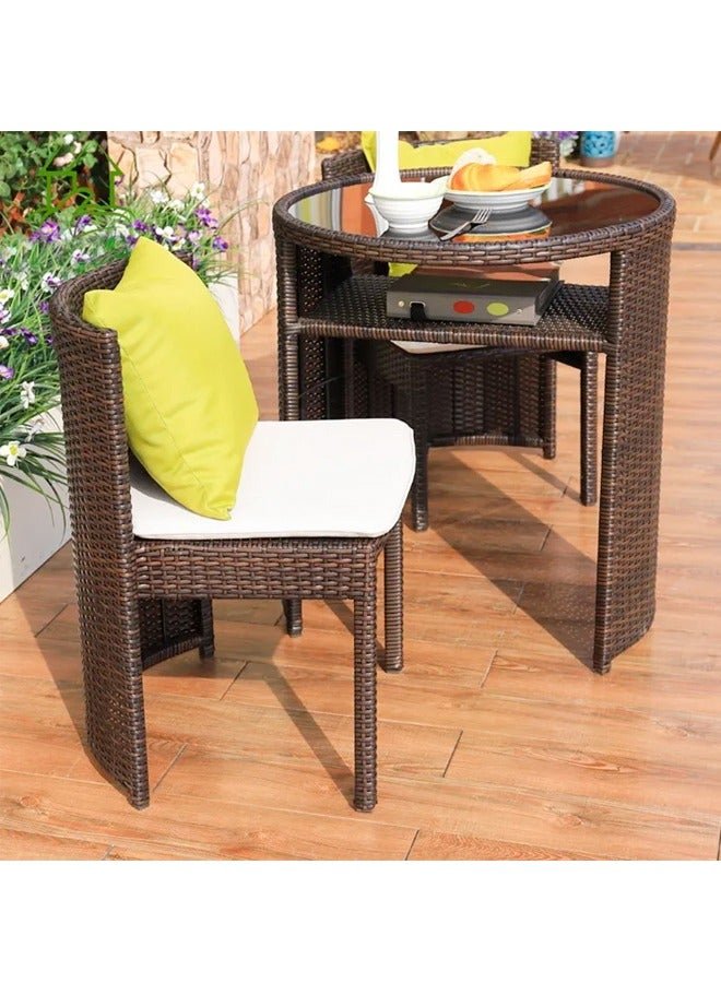 C&C Home Set of 3 Multipurpose Use Stackable Outdoor Patio Bistro Set Glass Top Table with 2 Rattan Chairs Garden Dinning Furniture Set for Yard Deck Garden Poolside Living Room 48x46x68 and 66x73 cm - Image 2