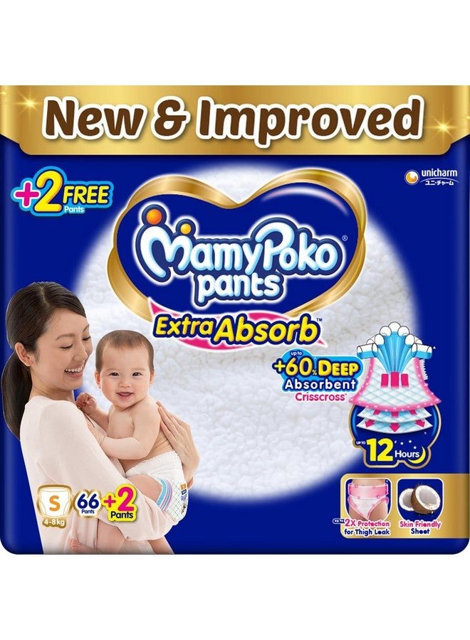 MamyPoko Pants Extra Absorb Baby Diapers, Small (S), 66(+2) Free Diaper, 4-8 Kg, 68 Count