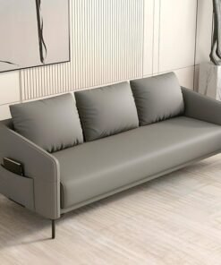Comfynest Modern Wood Frame Standard Sofa | Tear-Resistant Leather Upholstery | Solid Color | 3-Seater Couch with Square Arms | No Assembly Required (Grey)