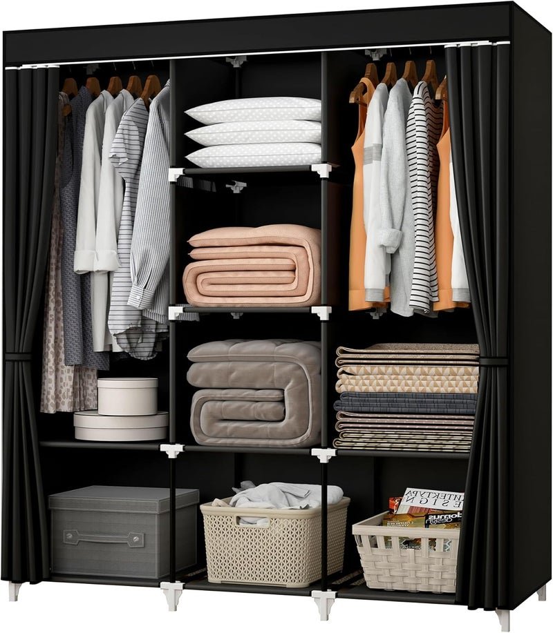 KEKIWE Portable Closet, 51 Inch Wardrobe Closet for Hanging Clothes with 2 Hanging Rods, 8 Storage Organizer Shelves for Bedroom, Durable and Easy to Assemble, Black