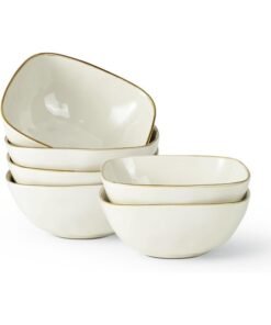 Famiware Ocean 6 Piece Stoneware Square Bowls Set, Serving Bowl for Cereal, Soup, Rice, Pasta, Scratch Resistant, Microwave & Dishwasher Safe, Vanilla White