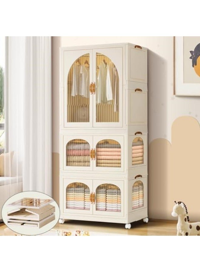 GGEROU Kids Cloth Wardrobe Portable Children's Closet Collapsible Plastic Large Baby Clothes Cabinet Bedroom Nursery Armoire Toddler Dresser with Hanging Rod and Door Quick Install White, A