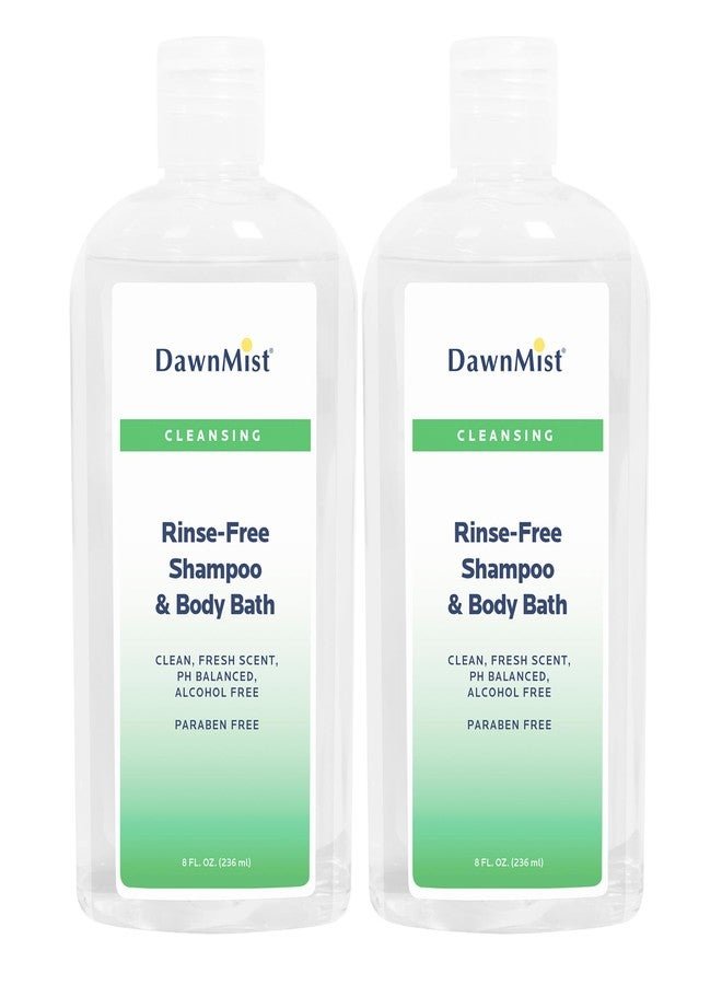 DAWNMIST Dukal Rinse-Free Shampoo & Body Bath with Convenient Dispensing Cap - 8 oz. Bottle, Set of 2 - Non-Irritating Formula for All Skin Types, Ideal for On-the-Go Use and Post-Surgery Care