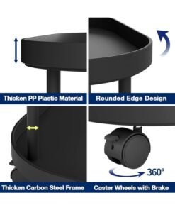 Alternative view of WALALLA Coffee Round Table with Wheels, Plastic Nightstand, Movable Double Layer End Table, with 2 Locking Caster, for Living Room Bedroom Balcony Patio Black