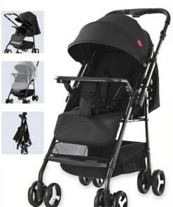 Ominii Two-Way Baby Stroller, Lightweight Travel Pushchair with Tray, Extra-Large Canopy, Shock-Absorbing Wheels & One-Click Compact Fold, with Mosquito Net & Storage Basket – Black, for 0–36 Months