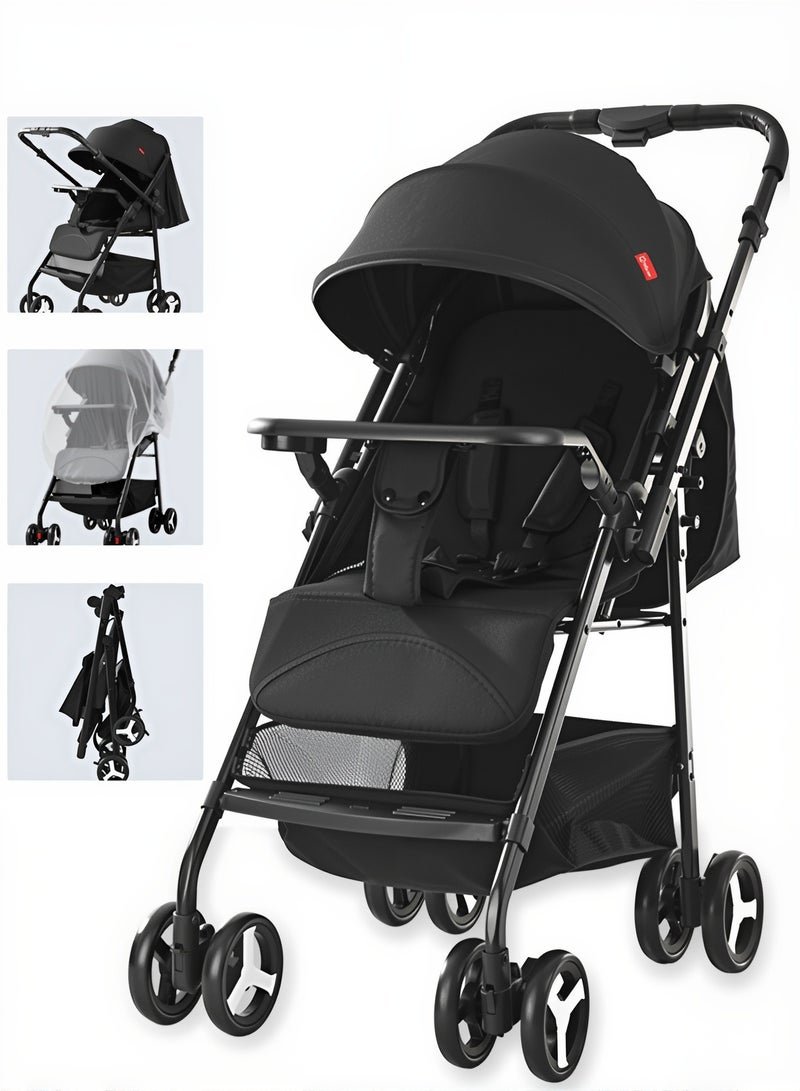 Ominii Two-Way Baby Stroller, Lightweight Travel Pushchair with Tray, Extra-Large Canopy, Shock-Absorbing Wheels & One-Click Compact Fold, with Mosquito Net & Storage Basket – Black, for 0–36 Months