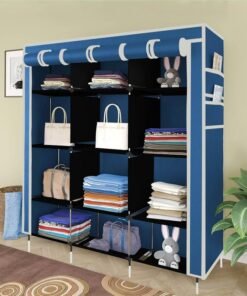 Whitecloud TRANSFORMING HOMES 12-Shelf Collapsible Wardrobe – Foldable Fabric Almirah for Clothes Storage, Organizer Rack, Blue (Model 88350)