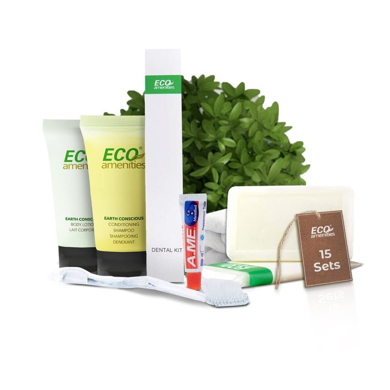 ECO Amenities 5-Piece All-in-Kit Hotel Toiletries Bulk 420pcs (84 Toiletry Kits) Travel Soap-Lotion-Shampoo & Conditioner 2 in 1-Disposable Toothbrush-Toothpaste per Kit Guest Shower Bath Amenities