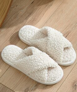DUNISO Women's Cross Band Slippers, Comfort Warm Plush Slippers, Open Toe Home Slippers, Soft Lightweight Slippers, Washable Flat Slippers, Household Slippers for Indoor & Outdoor