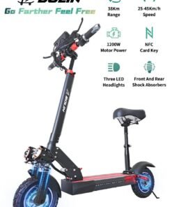 bolin One-Button Foldable Electric Scooter, With NFC，1200W Brushless Motor, Intelligent LED Display,Electric Scooter With Seat,E Scooter for Adults and Teen,10inch tire,Maximum Speed Of 38KM/H, 150 KG Load Capacity,Aluminum Alloy Frame,Black Body And Red Pedal