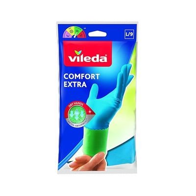 Vileda Comfort Extra Reusable Rubber Gloves L, Latex, Absorbent Interior, Protects Your Skin, Blue & Green, Large Size (1 Pair Per Pack) - Image 2
