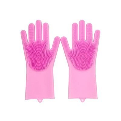 Silicone Dishwashing Gloves With Scrubber Pink 35.7x16.5x2centimeter - Image 2