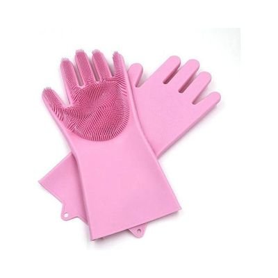1 Pair Magic Silicone Rubber Dish Washing Gloves Eco-Friendly Scrubber Cleaning For Multipurpose Kitchen Bathroom Fucshia