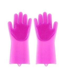Alternative view of 2-Piece Reusable Silicone Gloves With Wash Scrubber Rose Red 25x6inch