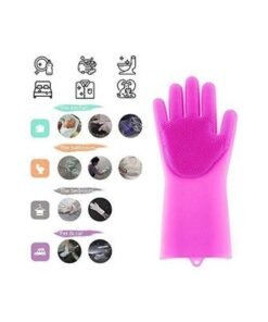 2-Piece Reusable Silicone Gloves With Wash Scrubber Rose Red 25x6inch