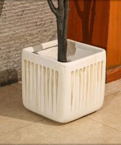 Concrete Planter Pot, Modern Square Plant Pot with Vertical Grooved Design & Drainage Hole, Lightweight & Weather-Resistant Pot for Plant, Flower Pot for Home Office Event Commercial Use (L)