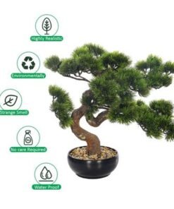 40cm Artificial Japanese Pine Bonsai Tree, Lifelike Faux Tree with Green Leaves & Pot, Maintenance-Free & Long Lasting Faux Plants, Odorless & Waterproof Fake Plants Event, Office & Home Decor