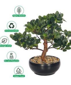 Artificial Bonsai Tree, Lifelike Faux Plants with Round Green Leaves & Pot, Long Lasting & Maintenance-Free Faux Tree, No Watering & Odorless Fake Plants for Home Office Event Decor (30cm)