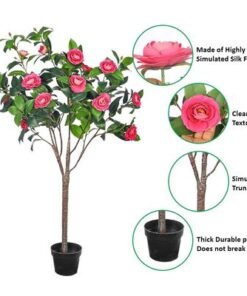 Artificial Camellia Flowering Tree, 4.5ft Faux Plant with Lush Green Leaves & Pot, UV Resistant, Waterproof Fake Flowers Rose, Maintenance-Free Fake Plants for Home Office Event Decor (Beauty)