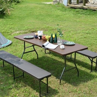 Jeffcoco Furniture Wood Design Outdoor Camping Table,Heavy Duty Plastic Outdoor Folding Picnic Table,Folding Trestle Table (1.8M Brown) - Image 2