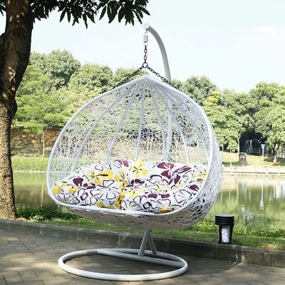 Two Seater Kozaka Hanging Egg Swing Chair Wicker with Stand Outdoor Hammock with Cushion 550lbs for Patio, Garden, and Balcony ( White ) - Image 2