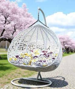 Two Seater Kozaka Hanging Egg Swing Chair Wicker with Stand Outdoor Hammock with Cushion 550lbs for Patio, Garden, and Balcony ( White ) - Image 3