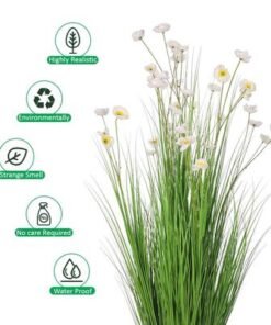 Artificial Buttercup Flower Plant, 150cm Tall Lifelike Silk Flowers & Green Grass Potted Faux Plants, Maintenance-Free Waterproof Eco-Friendly Odor-Free Fake Plants for Home Decor (White)