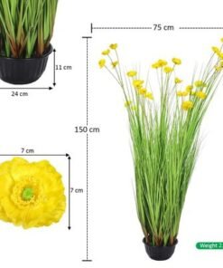 Artificial Buttercup Flower Plant, 150cm Tall Lifelike Silk Flowers & Green Grass Potted Faux Plants, Maintenance-Free Waterproof Eco-Friendly Odor-Free Fake Plants for Home Decor (Yellow)