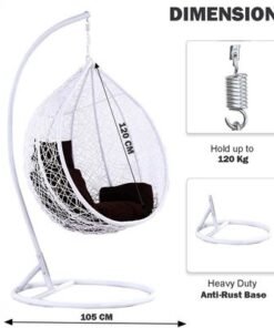 Patio Wicker Hanging Chair | Hammock Basket Swing Chair with Tufted Seat Pad, Pillow & Backrest | Comfortable Outdoor Balcony Egg Chair for Garden, Patio, Terrace (White)
