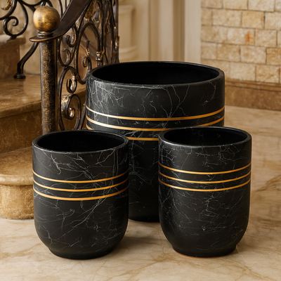 Luxury Black Marble Ceramic Planter Pot with Gold Stripes for Indoor Home & Office Décor (19X24.5cm) - Image 4