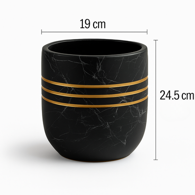 Luxury Black Marble Ceramic Planter Pot with Gold Stripes for Indoor Home & Office Décor (19X24.5cm)