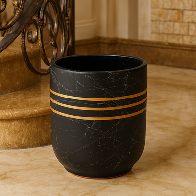 Luxury Black Marble Ceramic Planter Pot with Gold Stripes for Indoor Home & Office Décor (24X27cm) - Image 2
