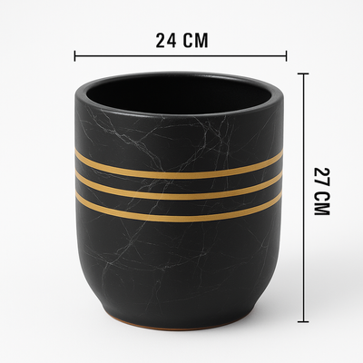 Luxury Black Marble Ceramic Planter Pot with Gold Stripes for Indoor Home & Office Décor (24X27cm)