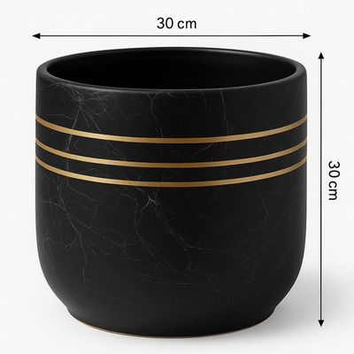 Luxury Black Marble Ceramic Planter Pot with Gold Stripes for Indoor Home & Office Décor (30X30cm)